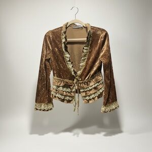 Vintage Velvet Ruffle Tie-Front Jacket in Warm Brown with Cream Trim